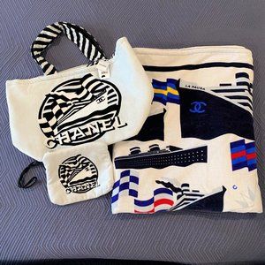 Chanel La Pausa Reversible Beach Tote With Matching Ultra Plush Beach Towel